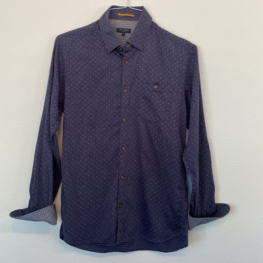 Ted Baker button down micro dot print w contrast cuffs blue denim color SIZE 3